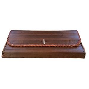 Brown Leather-Wrapped Clutch with Coral Whipstitch